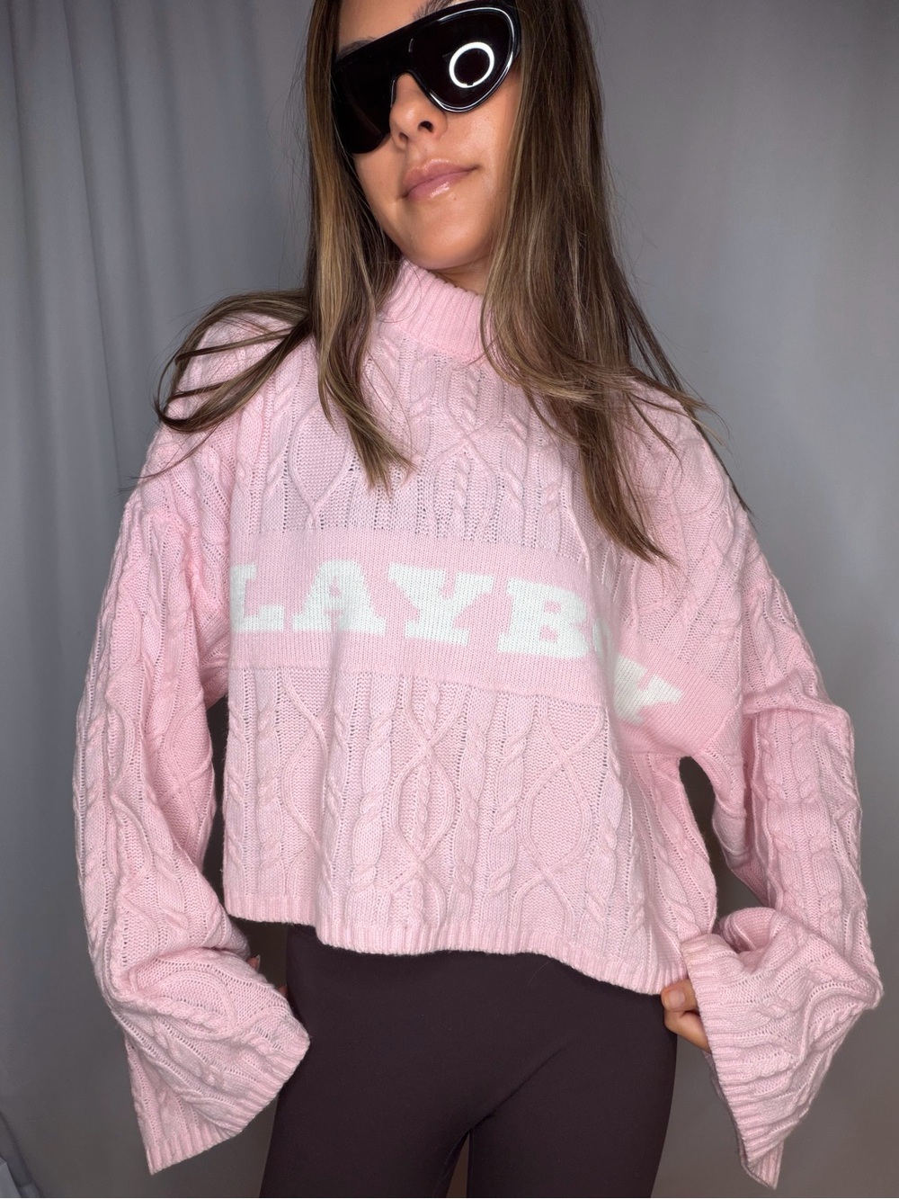 Missguided x Playboy Pink Cable-Knit Cropped Turtleneck Sweater